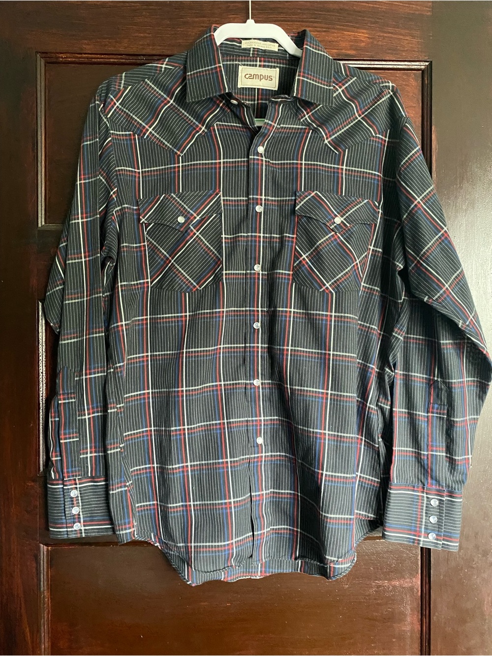 Vintage 70s Campus Charcoal Red White Blue Plaid Pearl Snap L